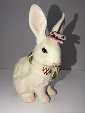 Vintage paper windows White Ceramic Bunny Figurine with butterfly Easter
